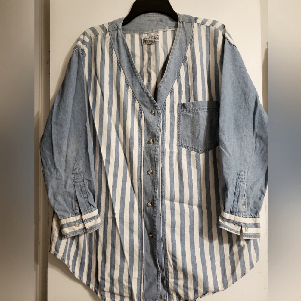 Blue and white striped shacket